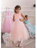 Beaded Satin Polka Dots Tulle Tea Length Flower Girl Dress